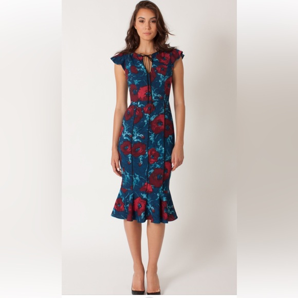 Black Halo Dresses & Skirts - Black Halo Janie Bryant Dress Womens Size 6 Floral Ruffle Hem Feminine Piping